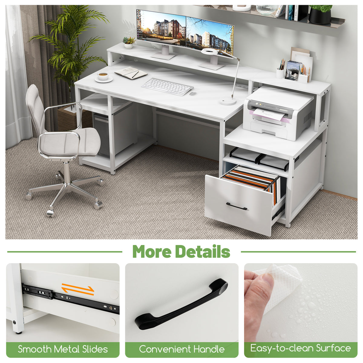 67 Inch Computer Desk with Monitor Stand & File Drawer - White
