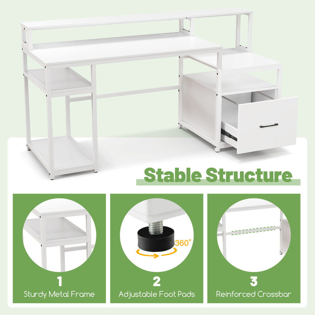 67 Inch Computer Desk with Monitor Stand & File Drawer - White