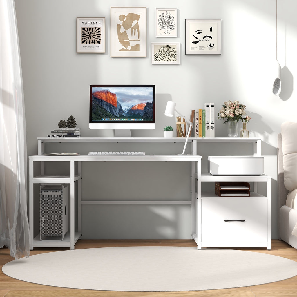 67 Inch Computer Desk with Monitor Stand & File Drawer - White