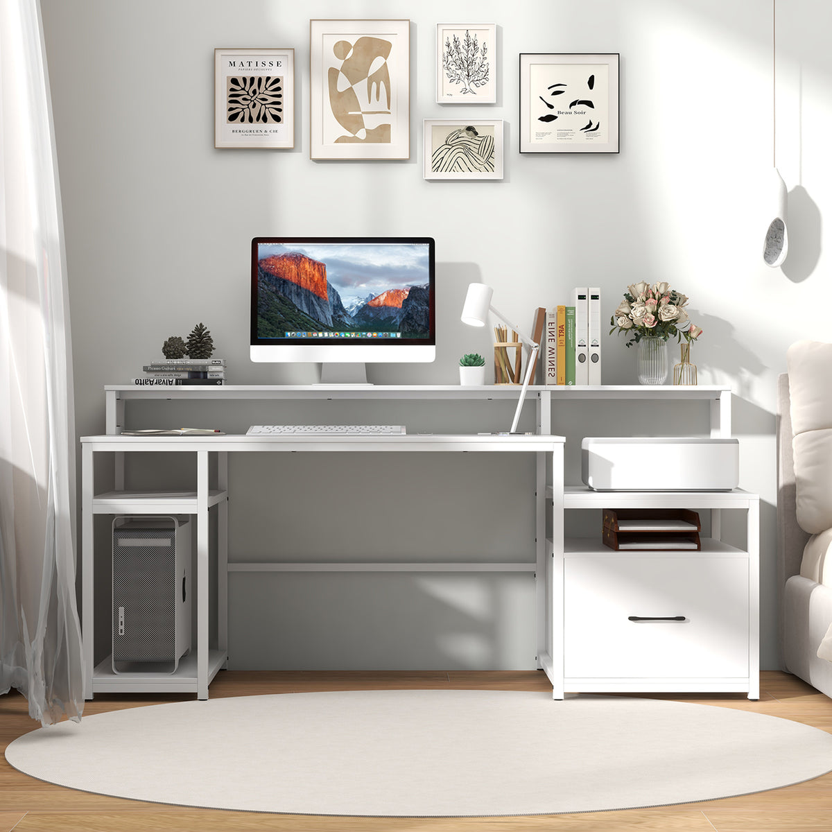 67 Inch Computer Desk with Monitor Stand & File Drawer - White