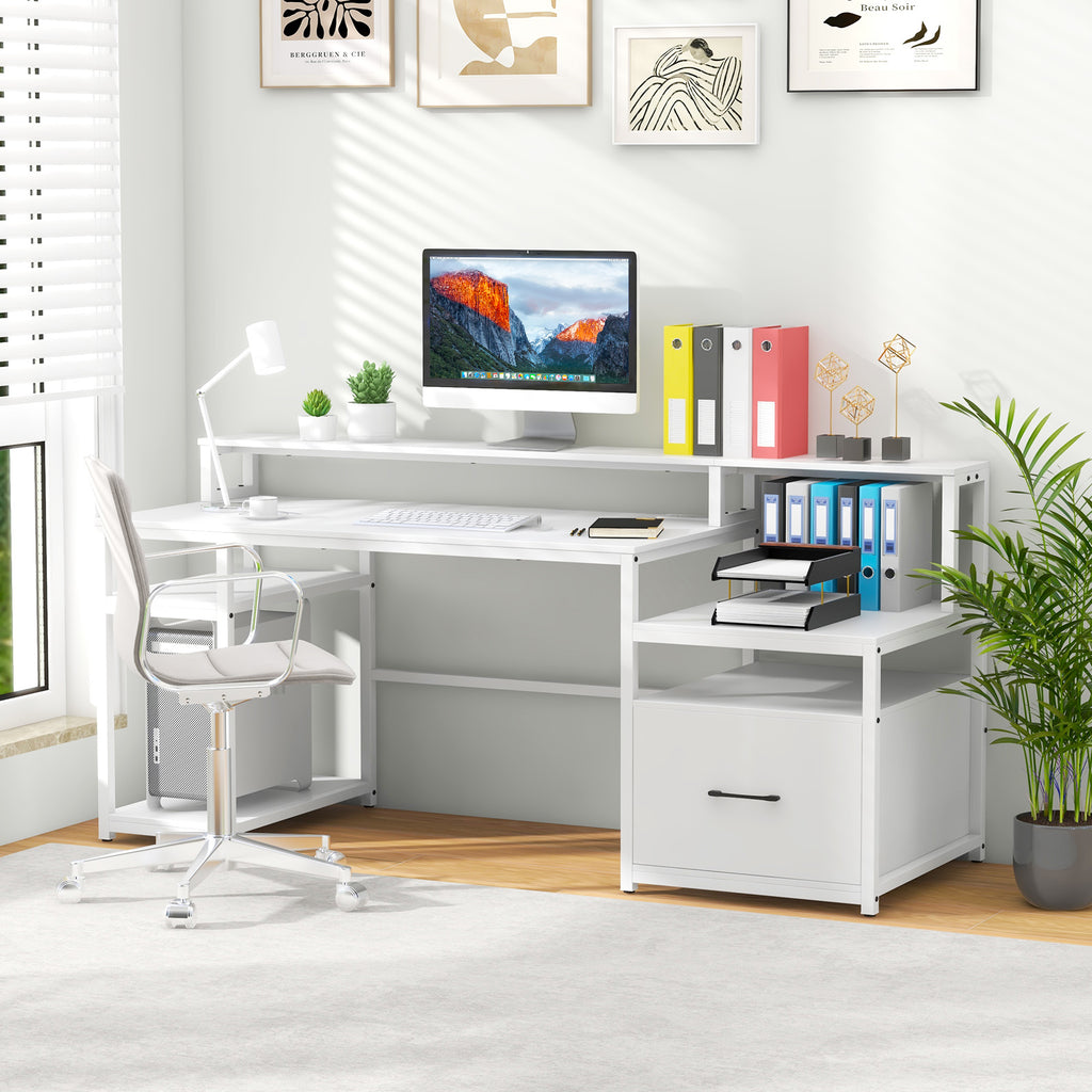 67 Inch Computer Desk with Monitor Stand & File Drawer - White