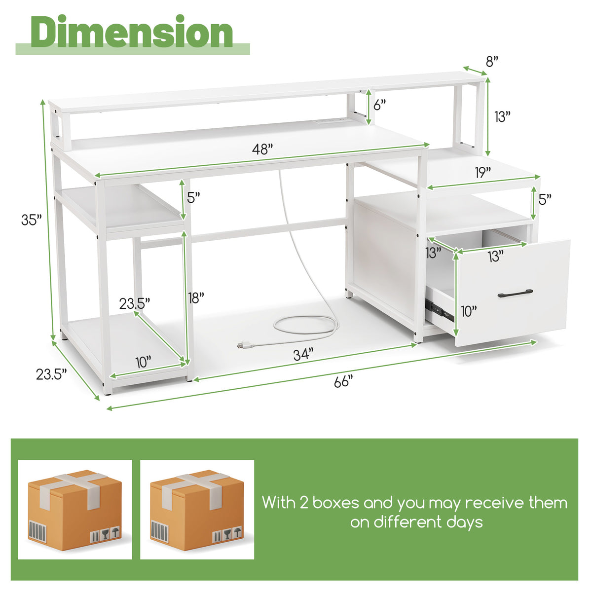 67 Inch Computer Desk with Monitor Stand & File Drawer - White