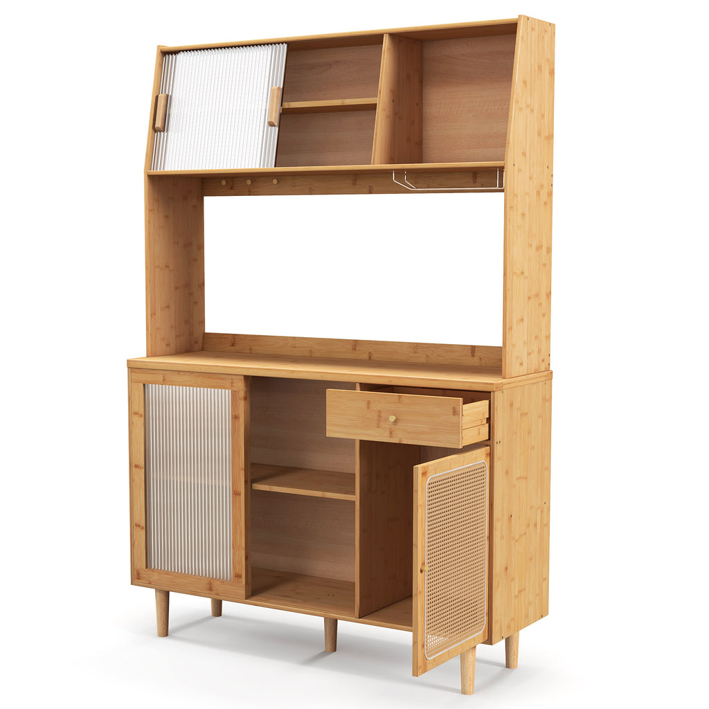 69-Inch Wine Bar Kitchen Cabinet with Tempered Glass Doors, Natural
