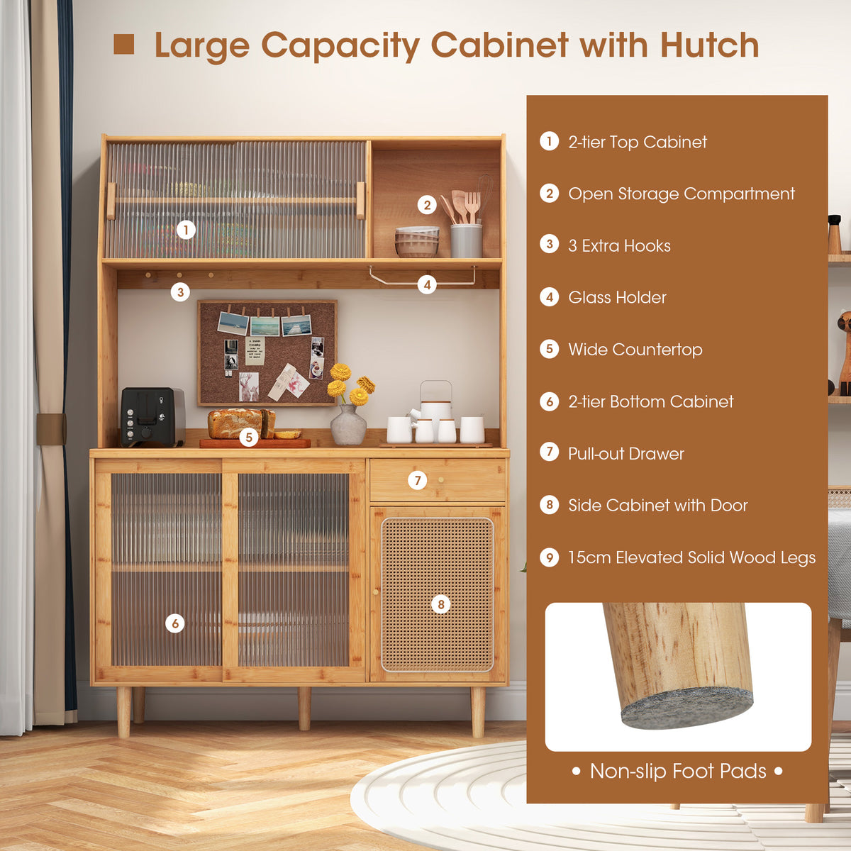 69-Inch Wine Bar Kitchen Cabinet with Tempered Glass Doors, Natural