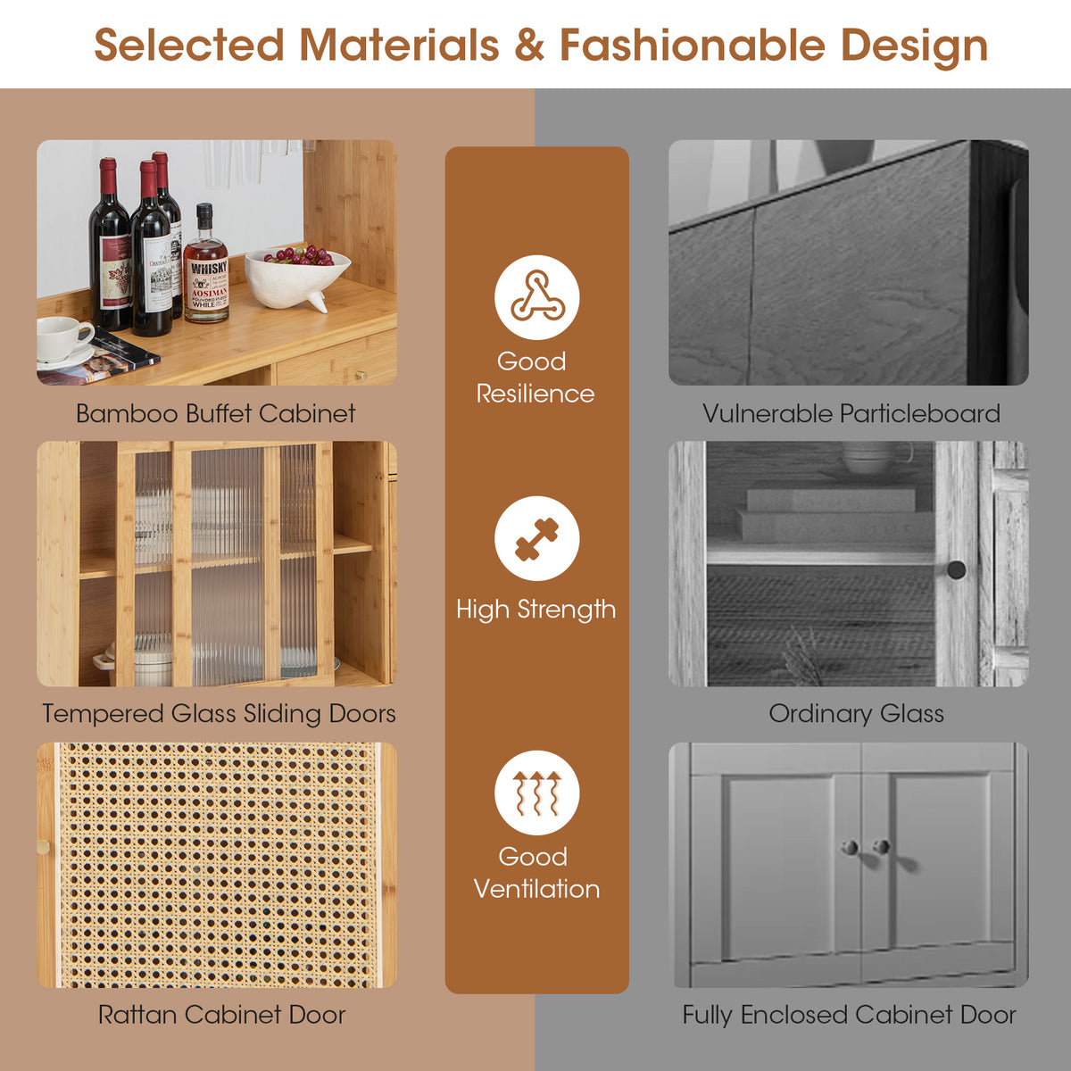 69-Inch Wine Bar Kitchen Cabinet with Tempered Glass Doors, Natural