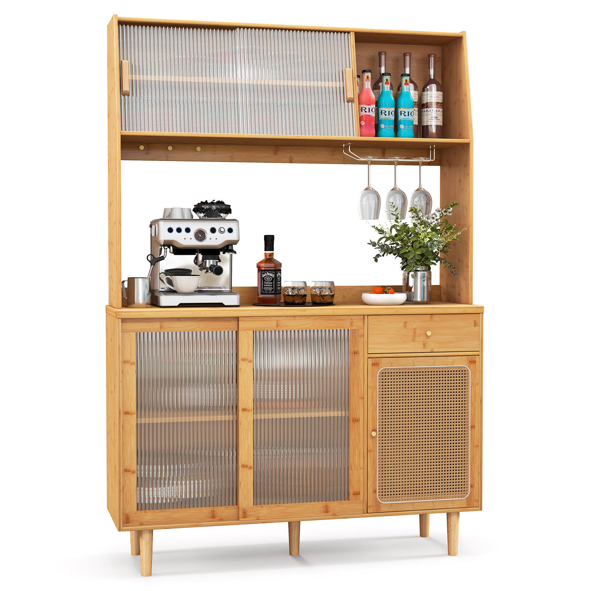 Extendable Dining Set with Rattan Chairs & Cabinet