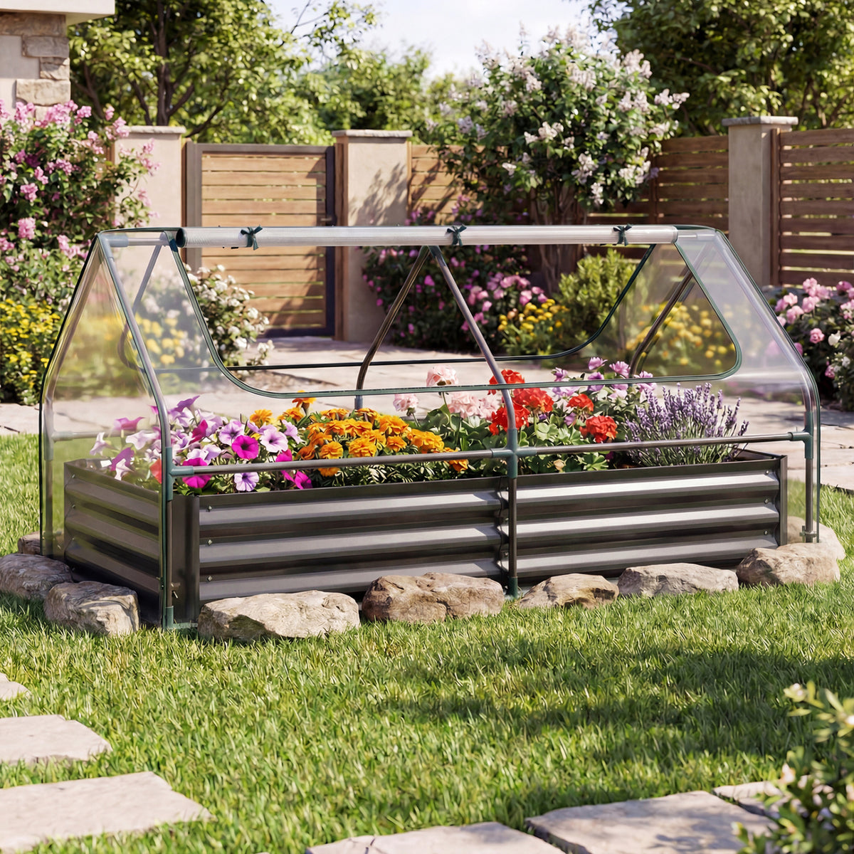 Raised Garden Bed with Mini Greenhouse - 69 x 33 x 12 Inch, Black