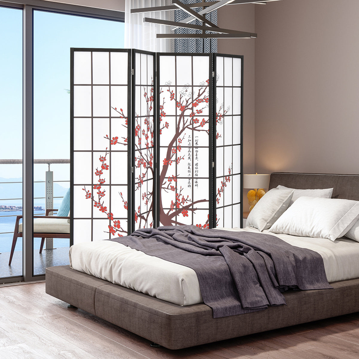White Folding Decorative Oriental Privacy Screen with Plum Blossom Design - 6 Feet