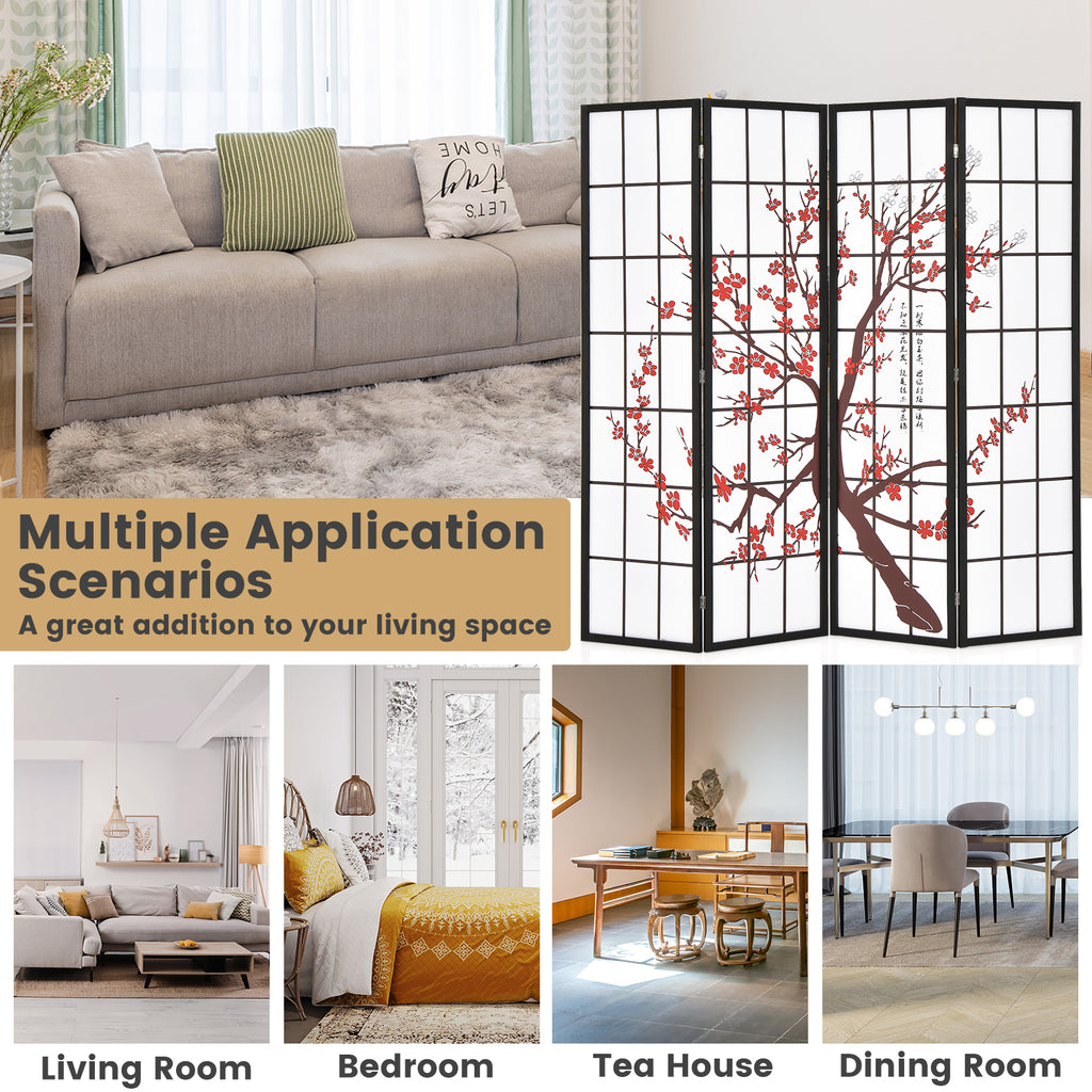 White Folding Decorative Oriental Privacy Screen with Plum Blossom Design - 6 Feet