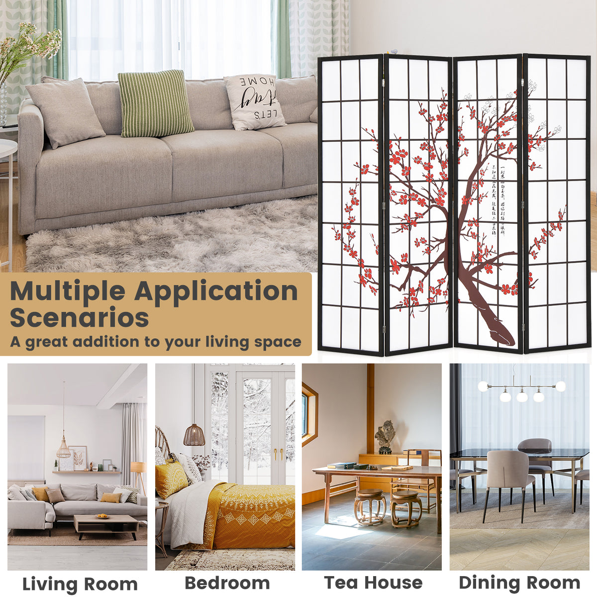 White Folding Decorative Oriental Privacy Screen with Plum Blossom Design - 6 Feet