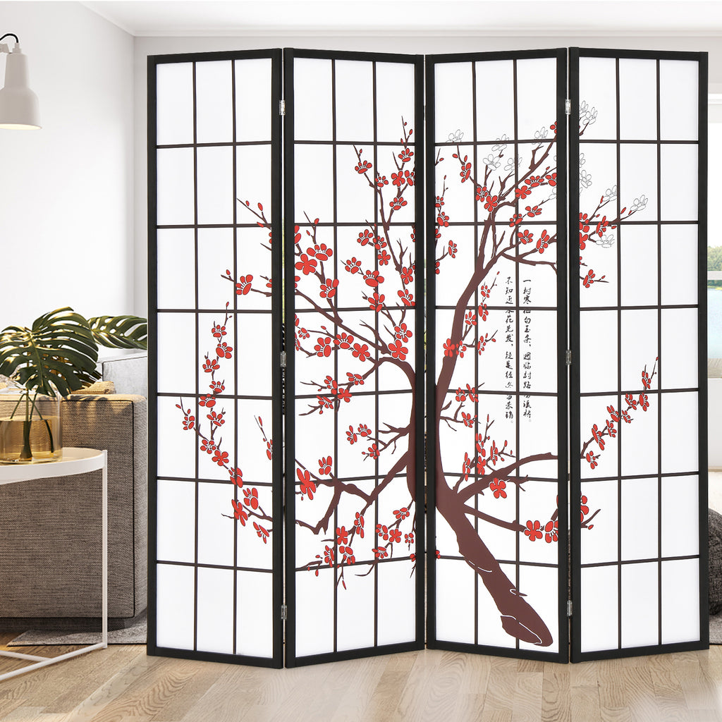 White Folding Decorative Oriental Privacy Screen with Plum Blossom Design - 6 Feet