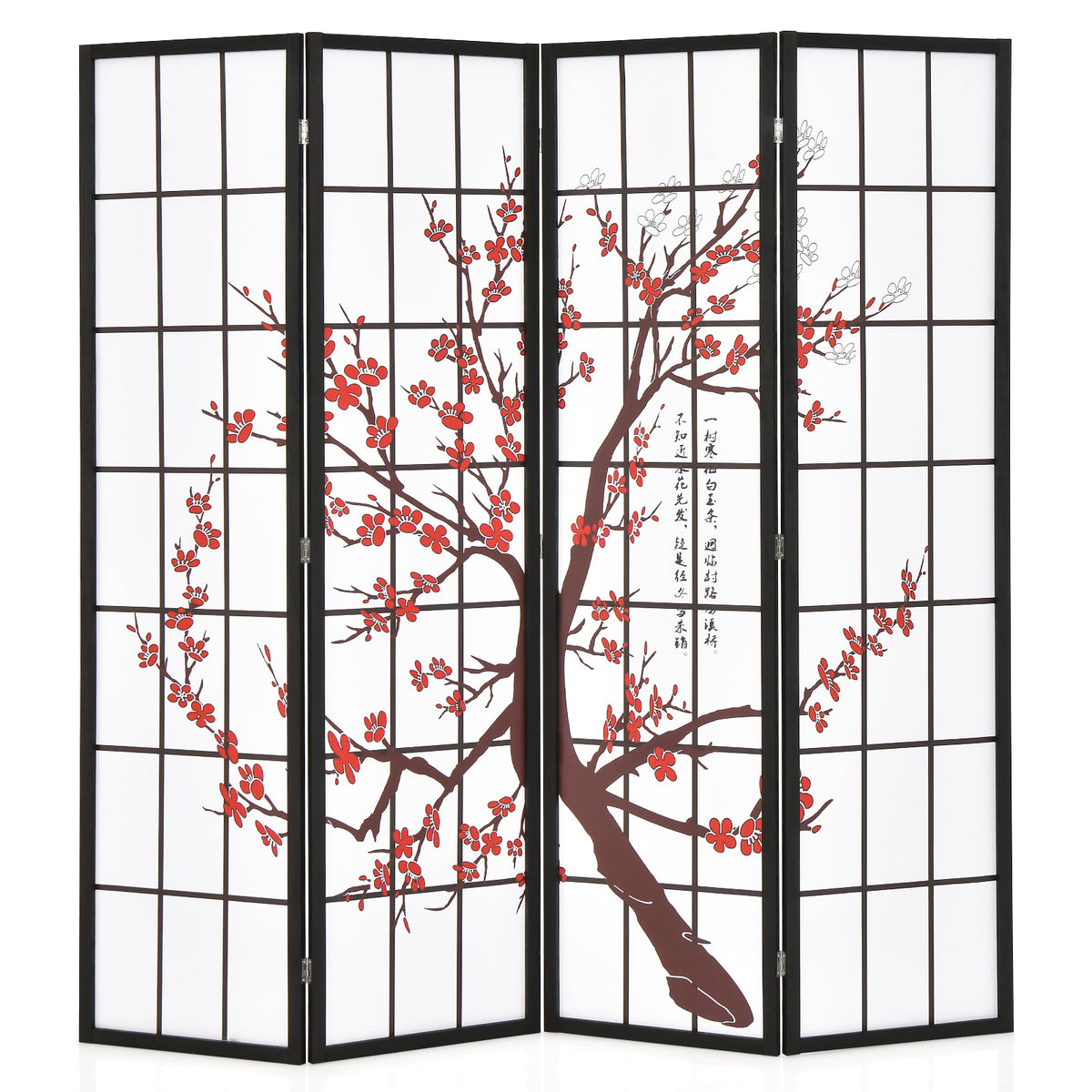 White Folding Decorative Oriental Privacy Screen with Plum Blossom Design - 6 Feet