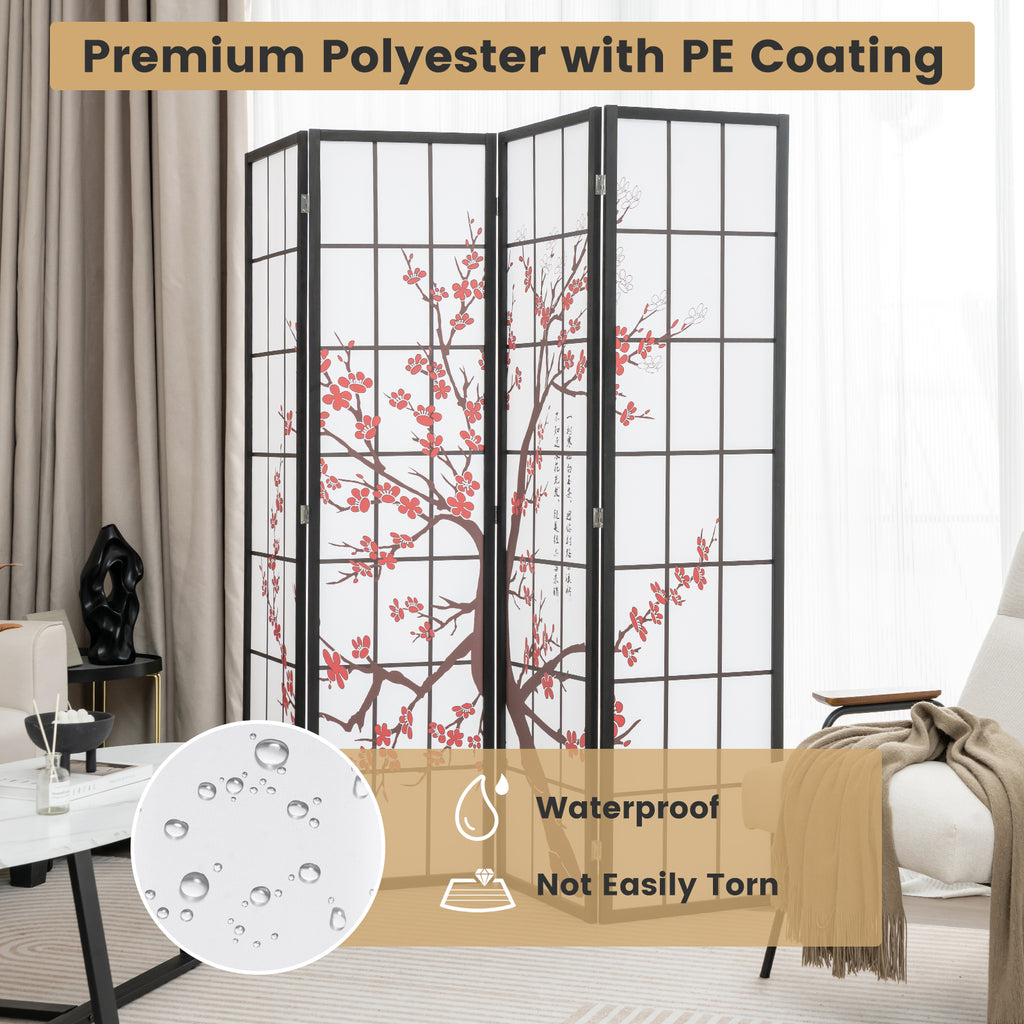 White Folding Decorative Oriental Privacy Screen with Plum Blossom Design - 6 Feet