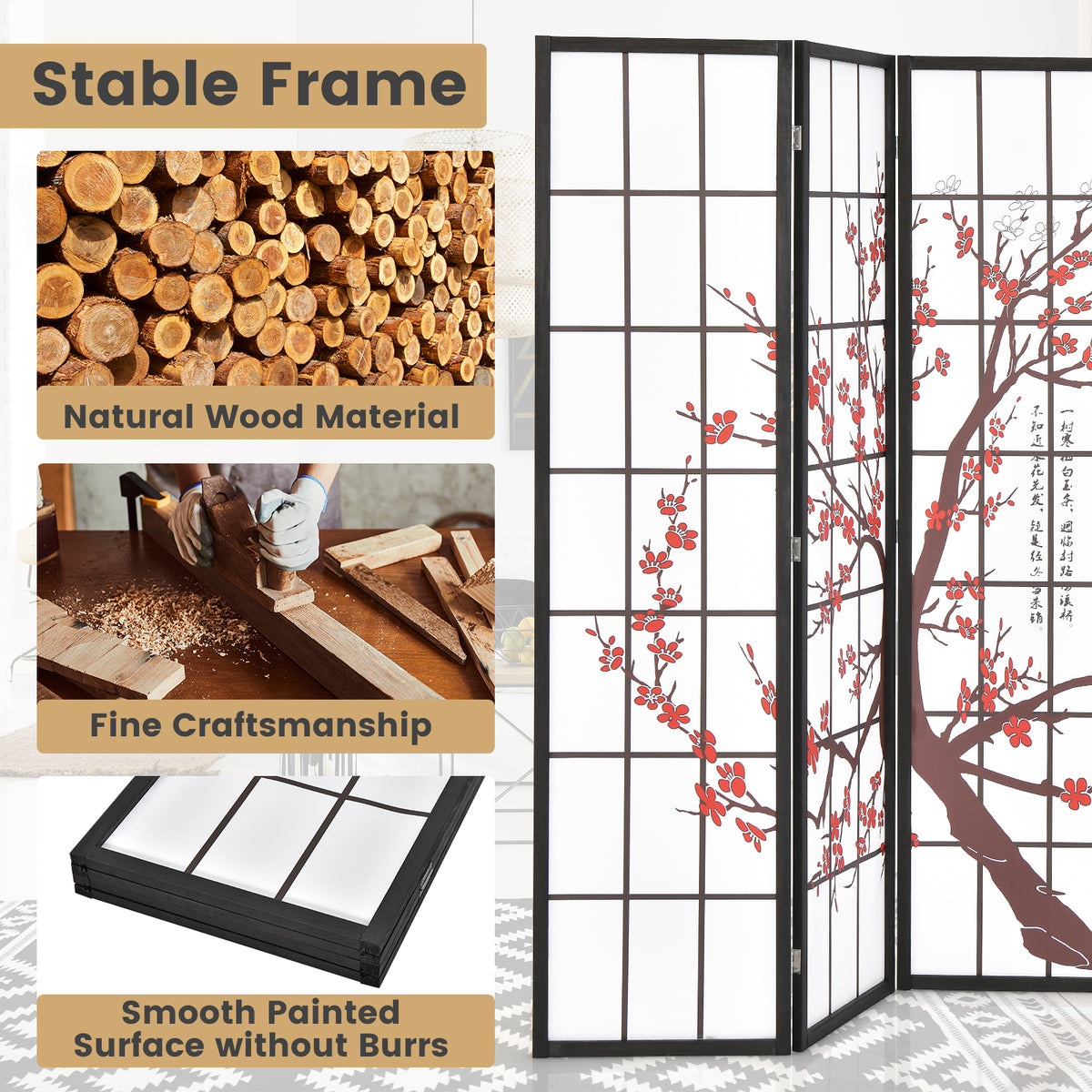 White Folding Decorative Oriental Privacy Screen with Plum Blossom Design - 6 Feet