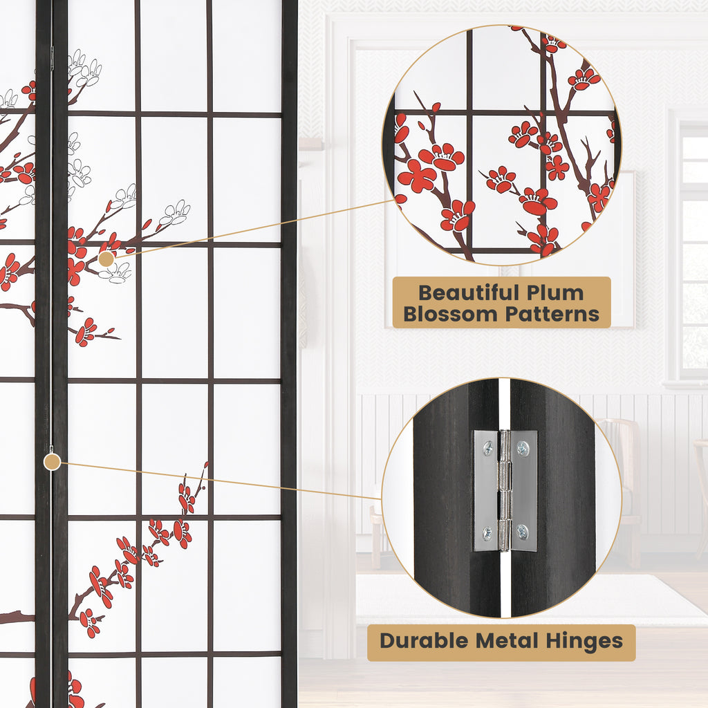 White Folding Decorative Oriental Privacy Screen with Plum Blossom Design - 6 Feet
