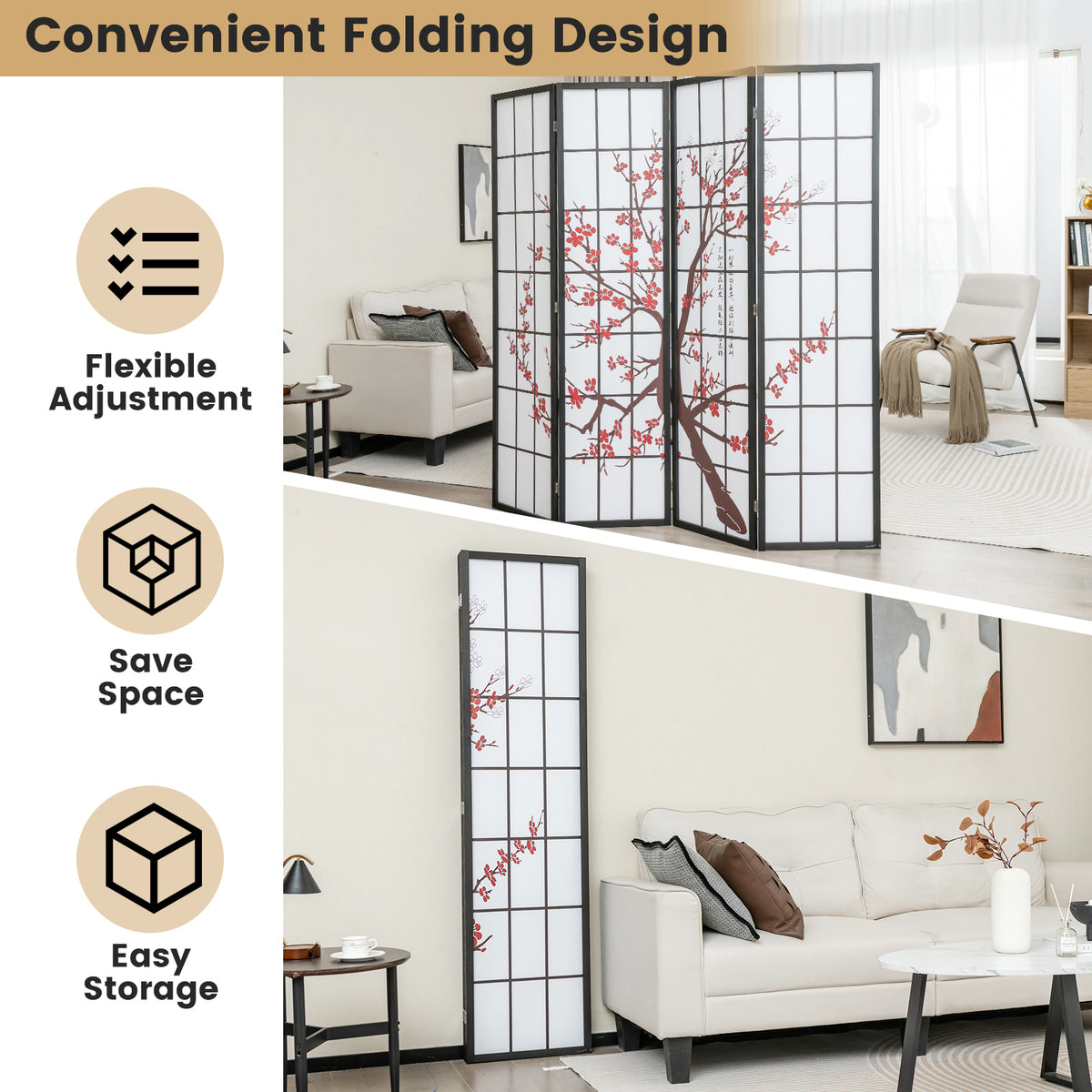 White Folding Decorative Oriental Privacy Screen with Plum Blossom Design - 6 Feet