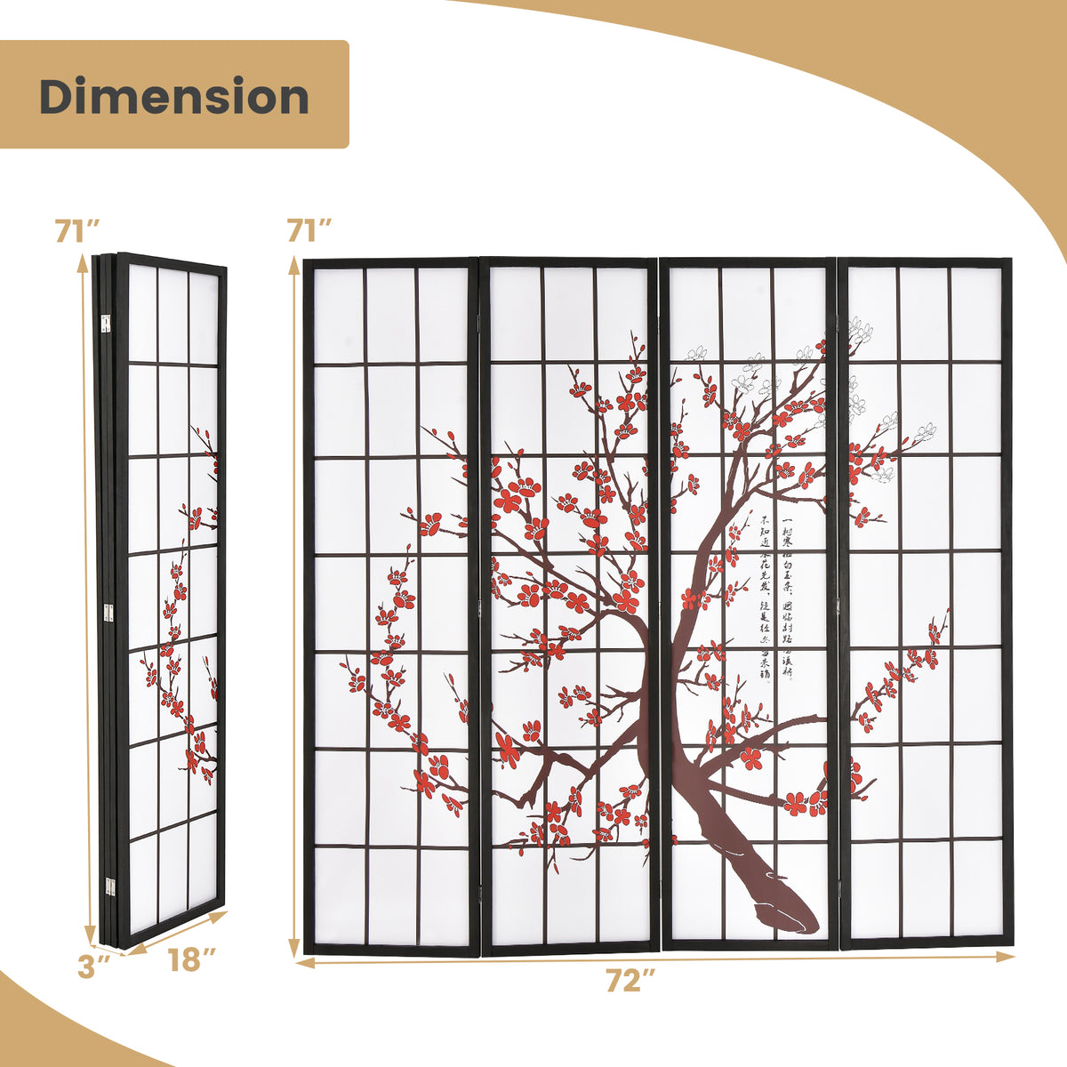 White Folding Decorative Oriental Privacy Screen with Plum Blossom Design - 6 Feet