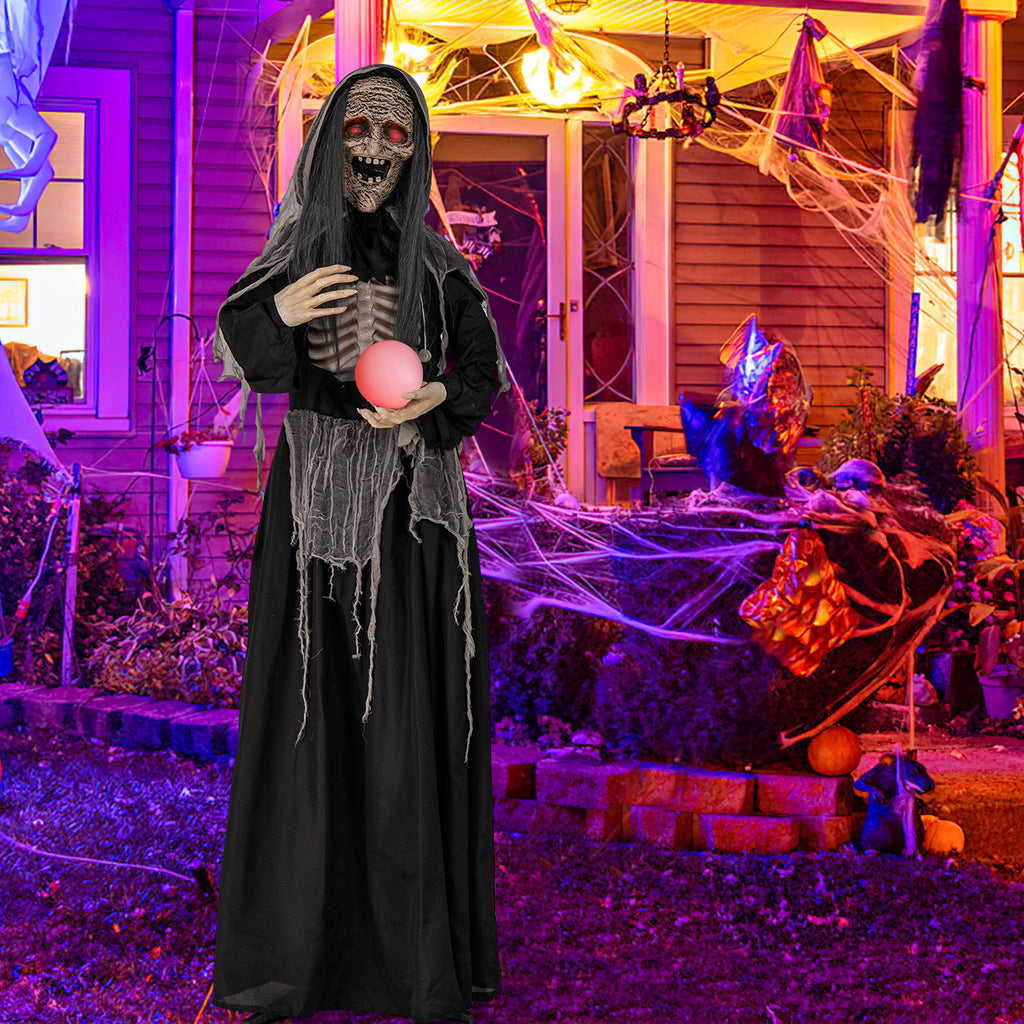 Halloween Animatronic Standing Witch with Light-Up Eyes & Magical Ball - 6ft, Variation: Witch with Magical Ball
