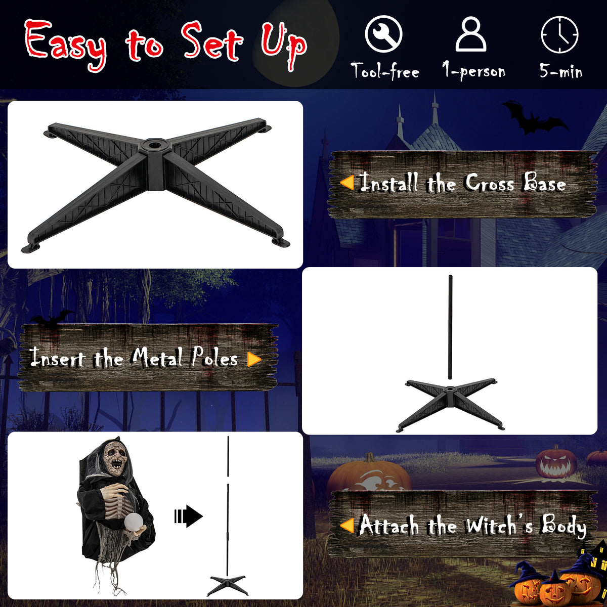 Halloween Animatronic Standing Witch with Light-Up Eyes & Magical Ball - 6ft, Variation: Witch with Magical Ball
