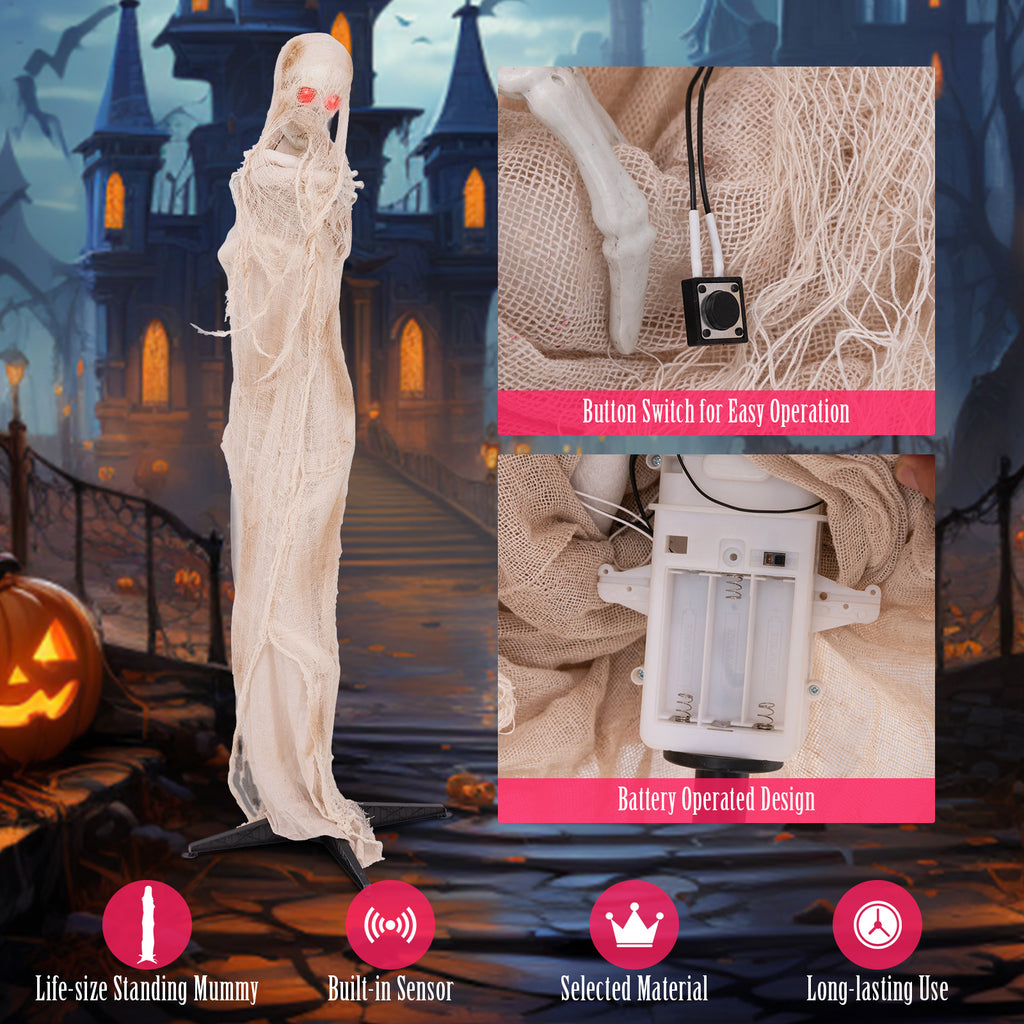 6FT Animated Halloween Mummy with Red LED Eyes - Standing Prop, Scary Atmosphere, Posable Body, Horror Sound Effect, Indoor/Outdoor Use