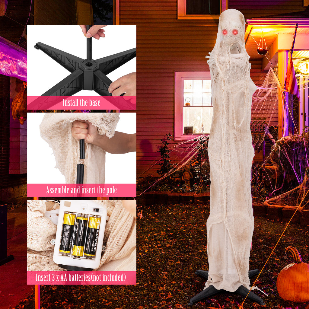 6FT Animated Halloween Mummy with Red LED Eyes - Standing Prop, Scary Atmosphere, Posable Body, Horror Sound Effect, Indoor/Outdoor Use
