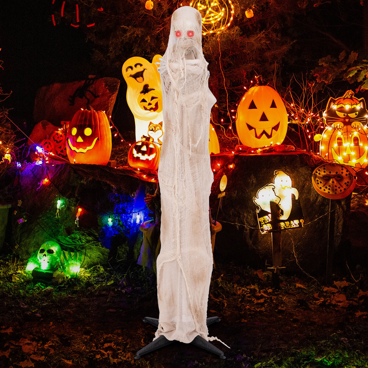 6FT Animated Halloween Mummy with Red LED Eyes - Standing Prop, Scary Atmosphere, Posable Body, Horror Sound Effect, Indoor/Outdoor Use