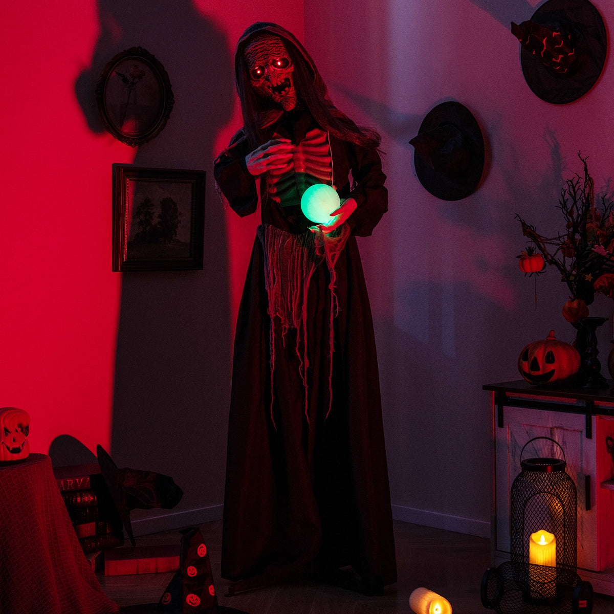 Halloween Animatronic Standing Witch with Light-Up Eyes & Magical Ball - 6ft, Variation: Witch with Magical Ball