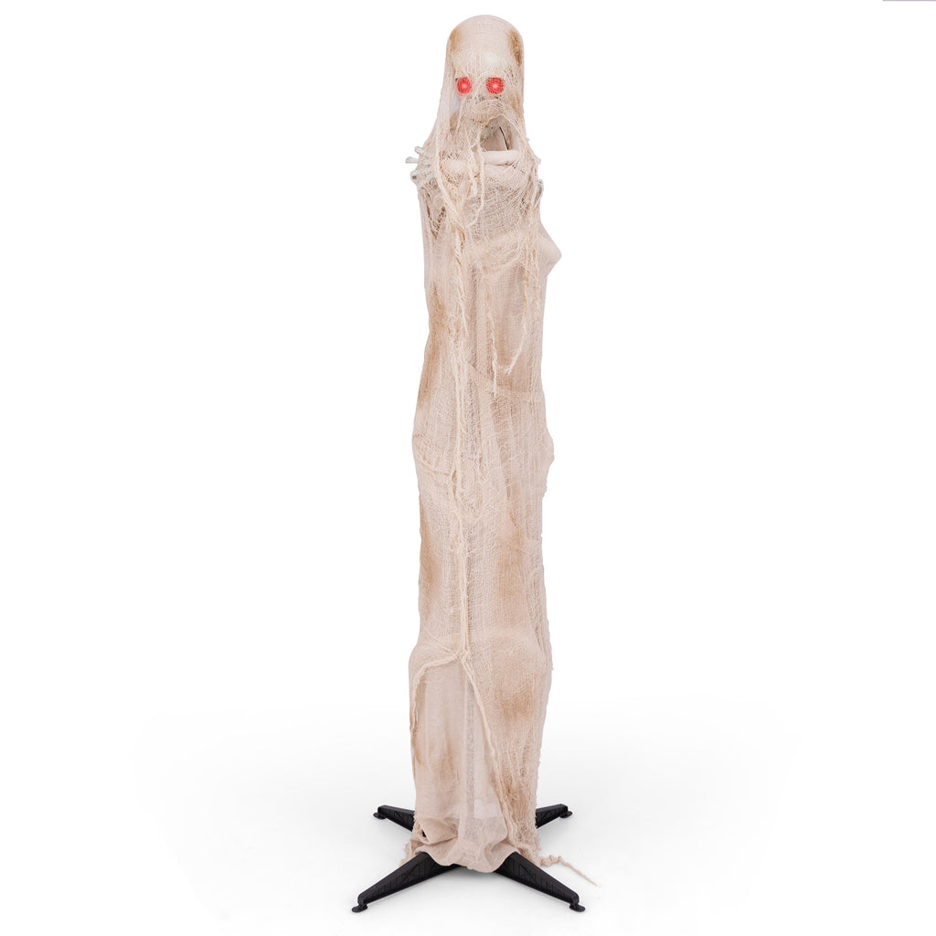 6FT Animated Halloween Mummy with Red LED Eyes - Standing Prop, Scary Atmosphere, Posable Body, Horror Sound Effect, Indoor/Outdoor Use