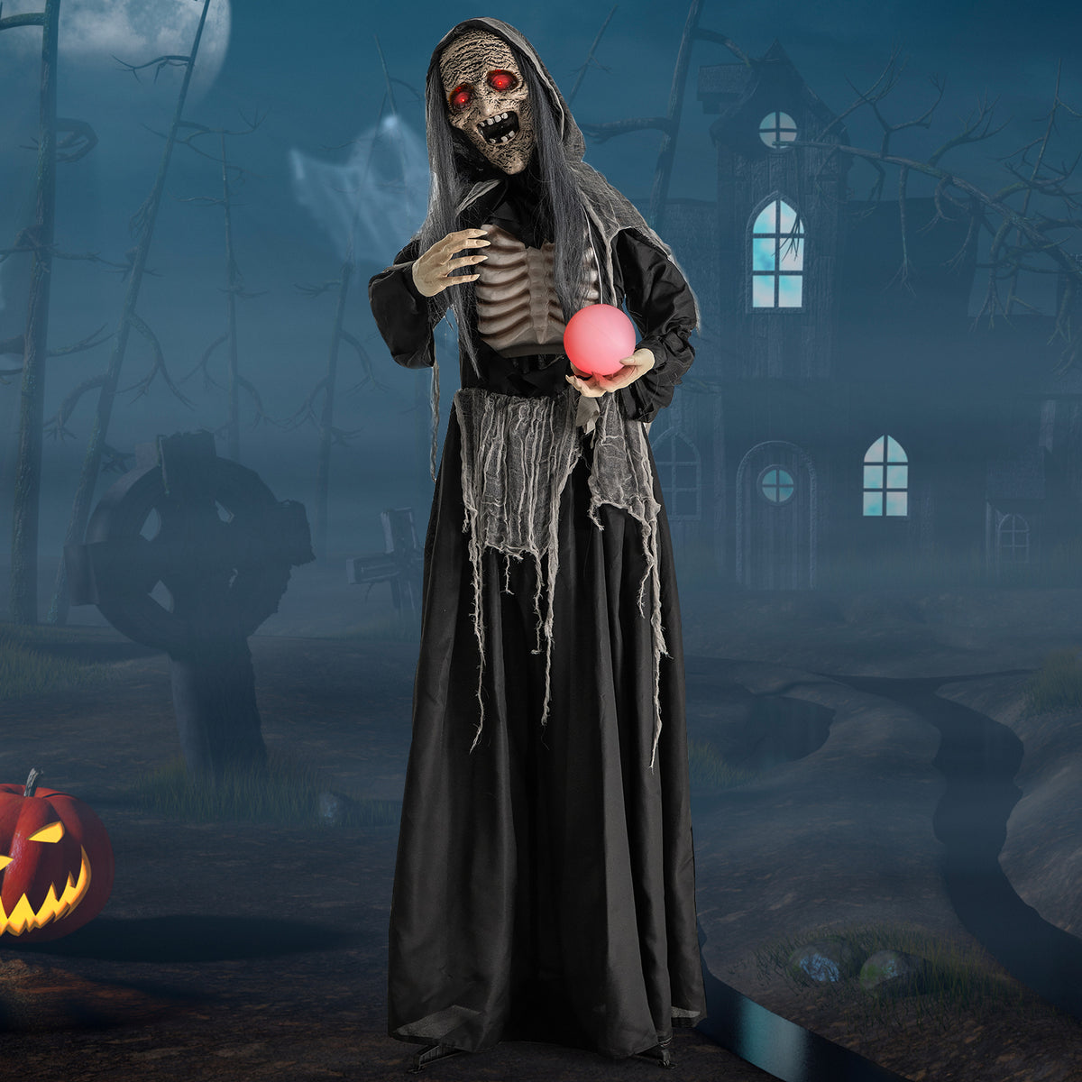 Halloween Animatronic Standing Witch with Light-Up Eyes & Magical Ball - 6ft, Variation: Witch with Magical Ball