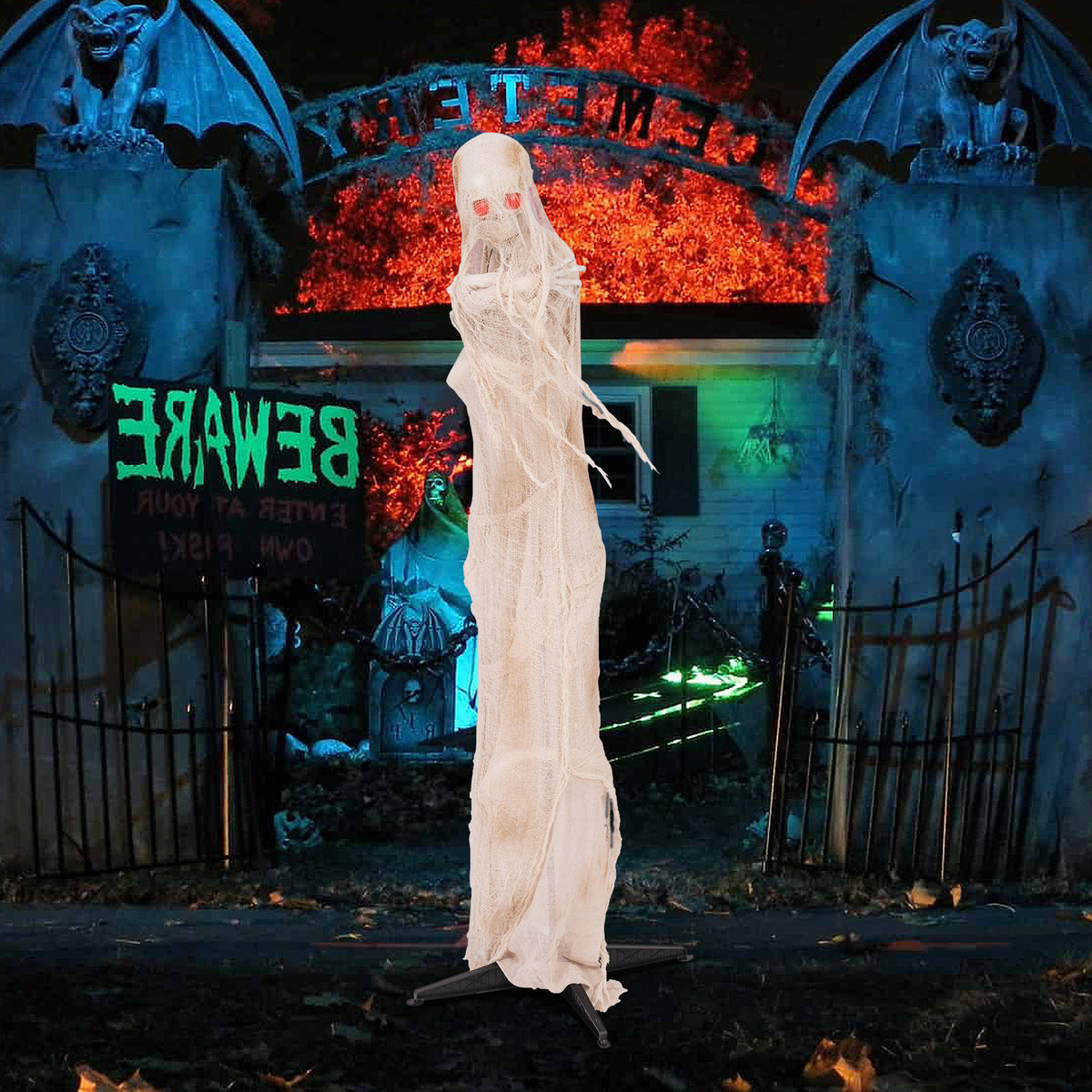 6FT Animated Halloween Mummy with Red LED Eyes - Standing Prop, Scary Atmosphere, Posable Body, Horror Sound Effect, Indoor/Outdoor Use
