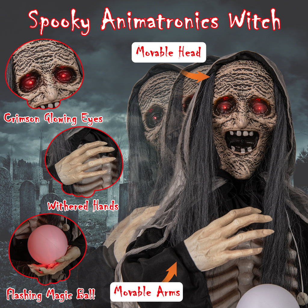 Halloween Animatronic Standing Witch with Light-Up Eyes & Magical Ball - 6ft, Variation: Witch with Magical Ball