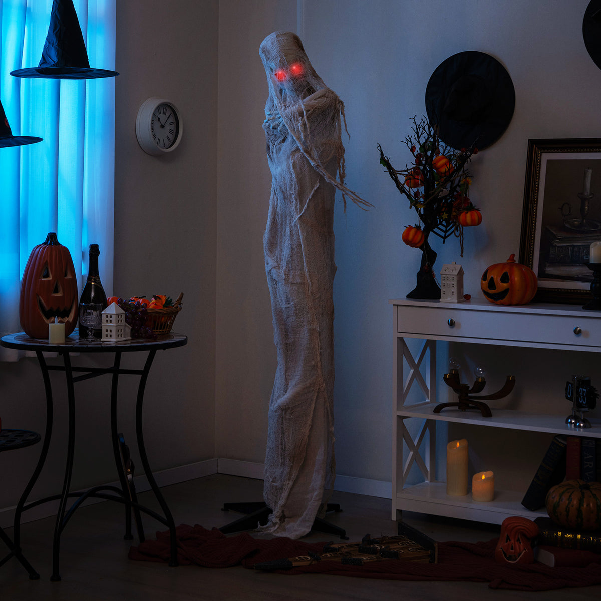 6FT Animated Halloween Mummy with Red LED Eyes - Standing Prop, Scary Atmosphere, Posable Body, Horror Sound Effect, Indoor/Outdoor Use