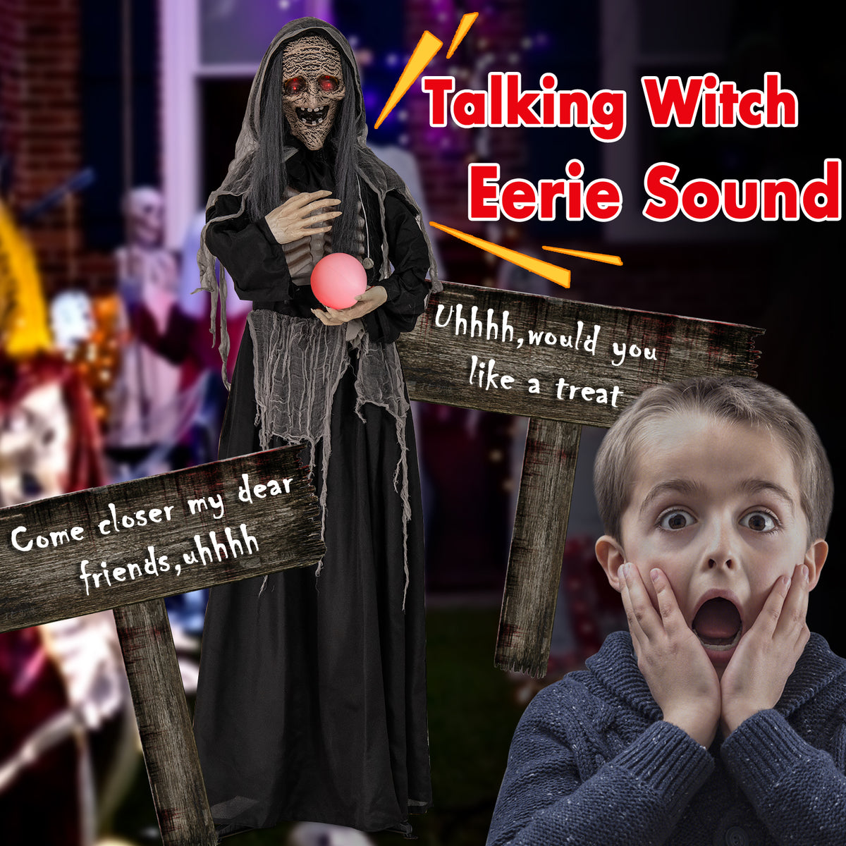 Halloween Animatronic Standing Witch with Light-Up Eyes & Magical Ball - 6ft, Variation: Witch with Magical Ball