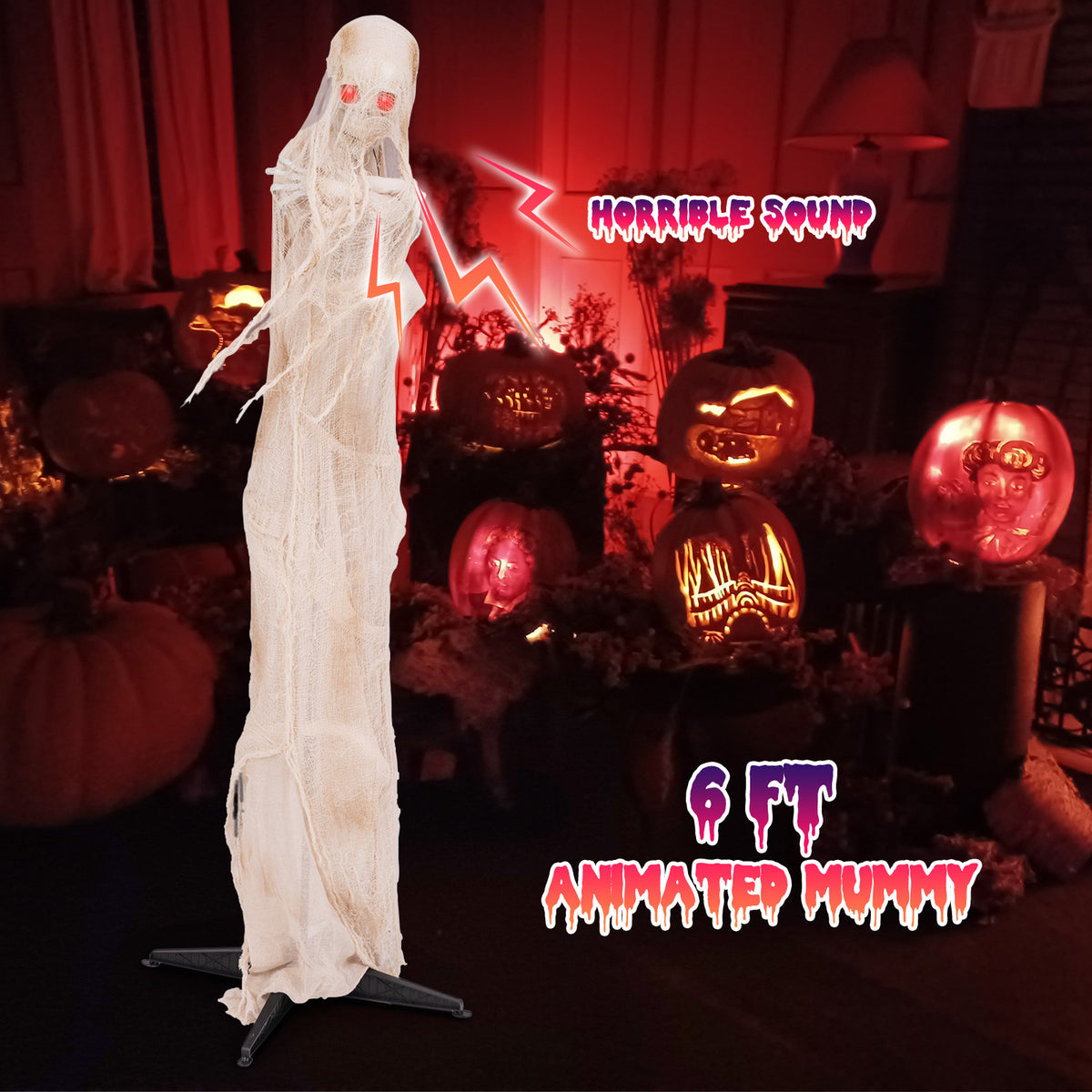 6FT Animated Halloween Mummy with Red LED Eyes - Standing Prop, Scary Atmosphere, Posable Body, Horror Sound Effect, Indoor/Outdoor Use