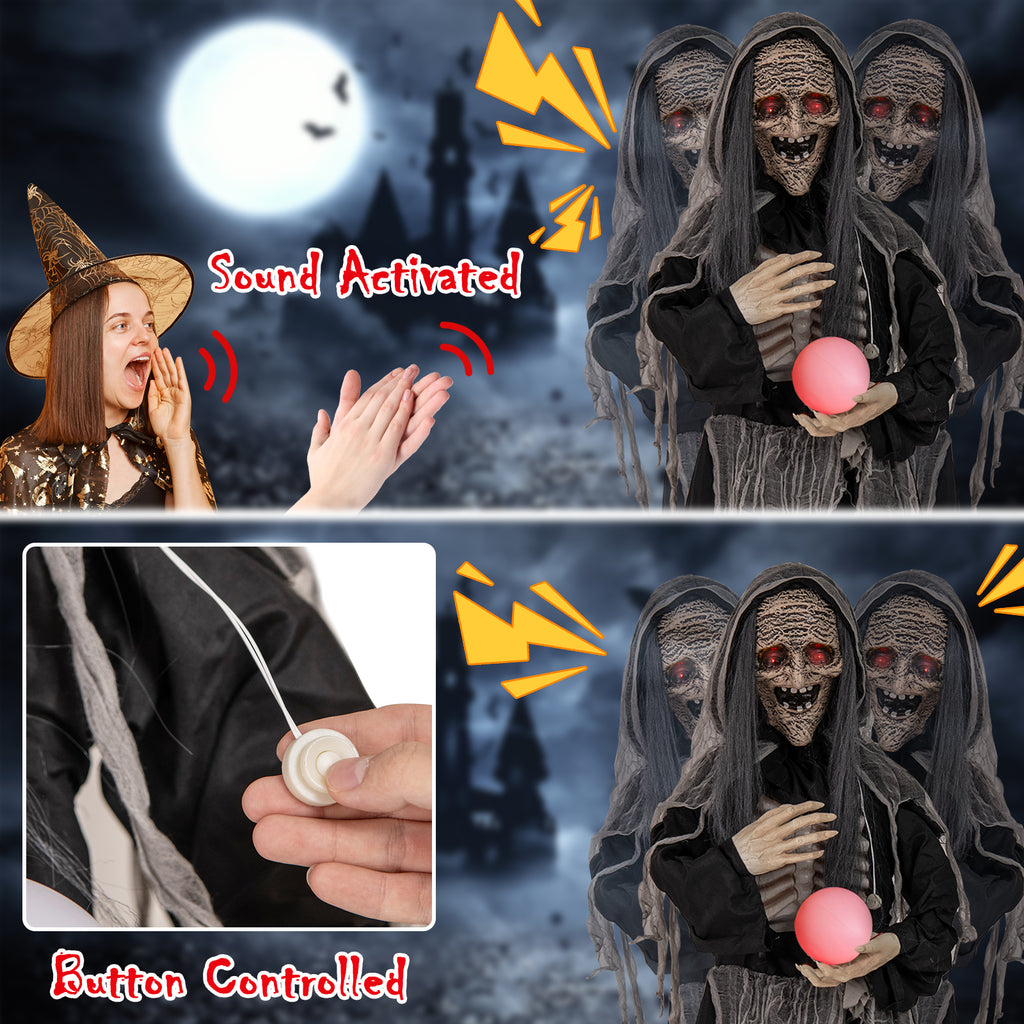 Halloween Animatronic Standing Witch with Light-Up Eyes & Magical Ball - 6ft, Variation: Witch with Magical Ball