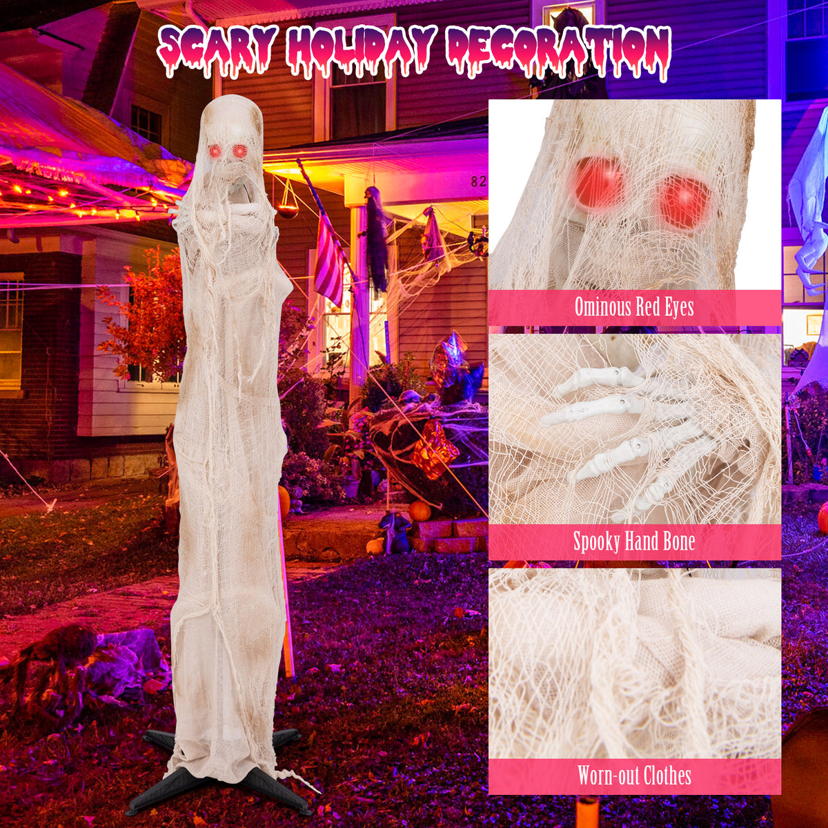 6FT Animated Halloween Mummy with Red LED Eyes - Standing Prop, Scary Atmosphere, Posable Body, Horror Sound Effect, Indoor/Outdoor Use