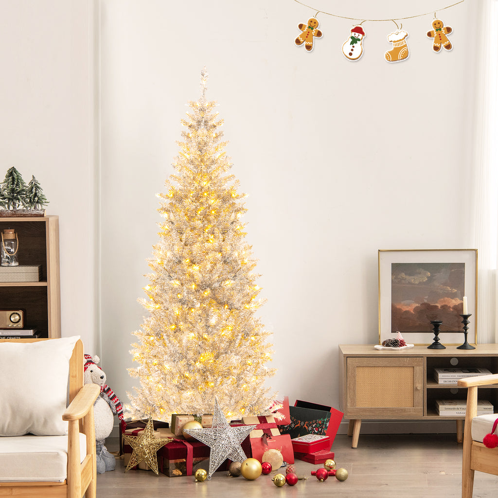 6/7 Feet Pre-Lit Artificial Silver Tinsel Xmas Tree with 790 Tips & 300 LED Lights - Variation of 6 ft