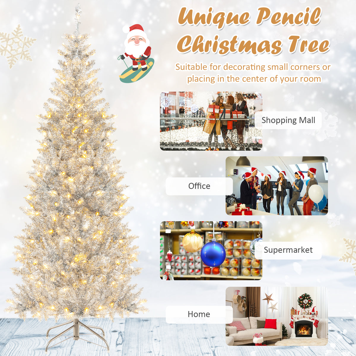 6/7 Feet Pre-Lit Artificial Silver Tinsel Xmas Tree with 790 Tips & 300 LED Lights - Variation of 6 ft