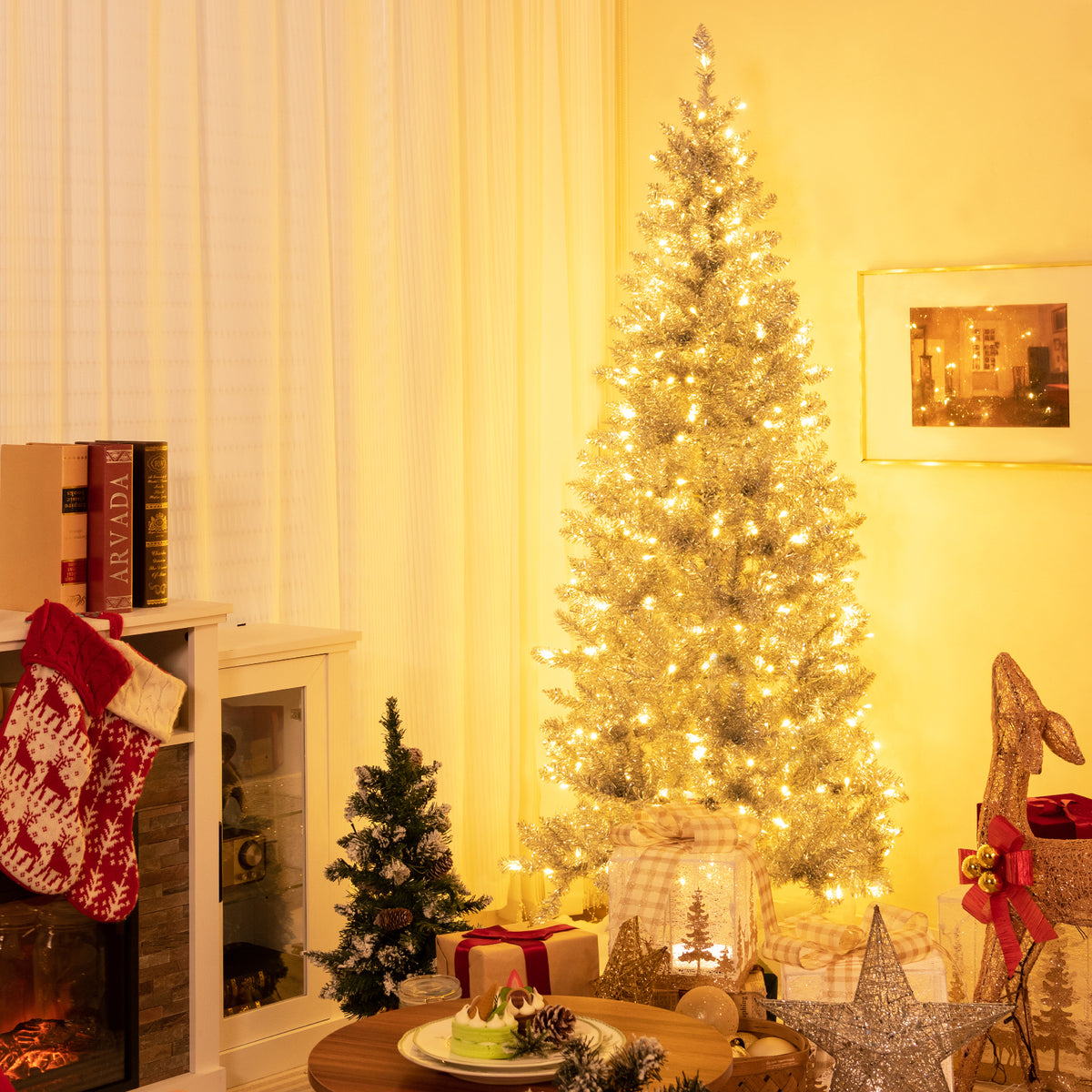 6/7 Feet Pre-Lit Artificial Silver Tinsel Xmas Tree with 790 Tips & 300 LED Lights - Variation of 6 ft