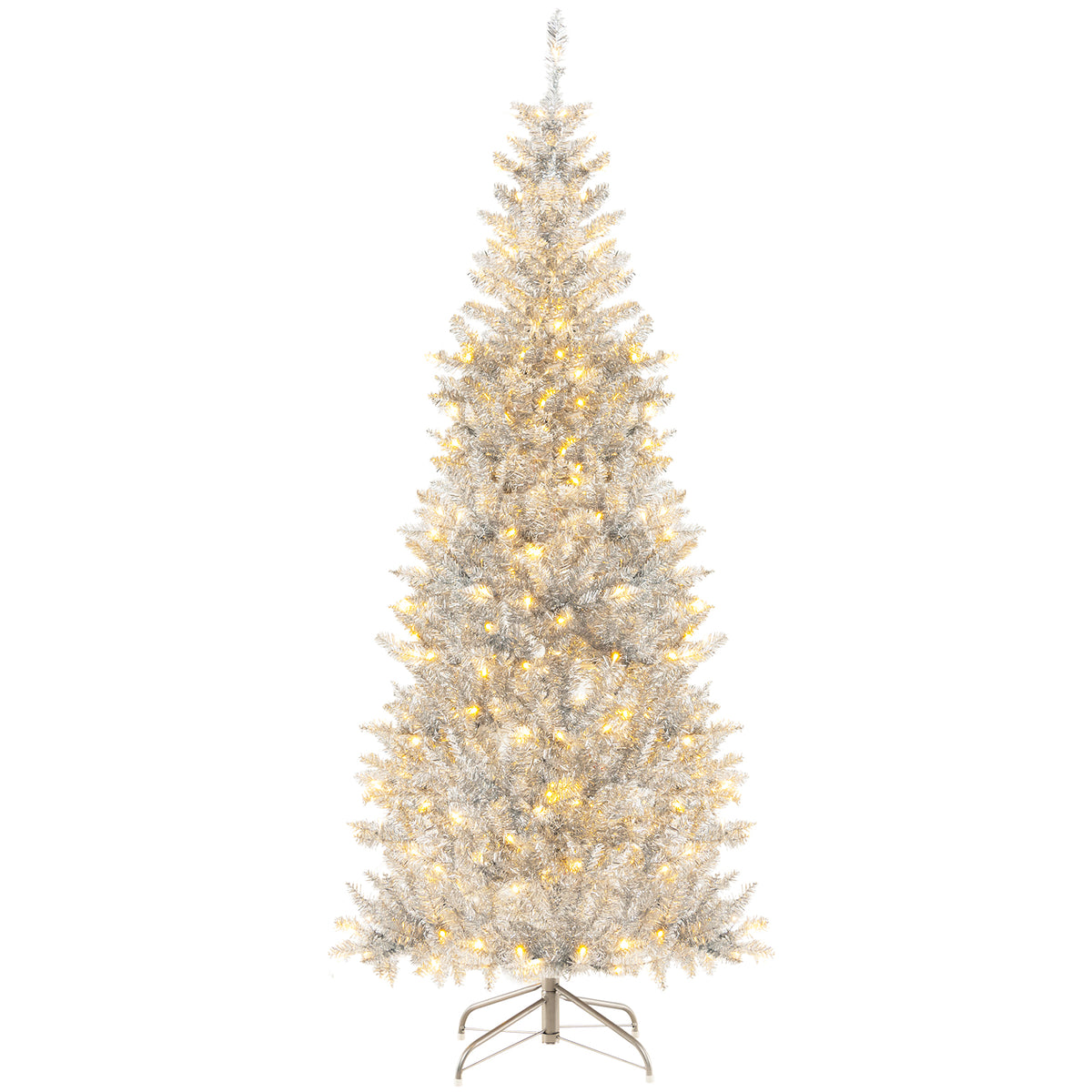 6/7 Feet Pre-Lit Artificial Silver Tinsel Xmas Tree with 790 Tips & 300 LED Lights - Variation of 6 ft