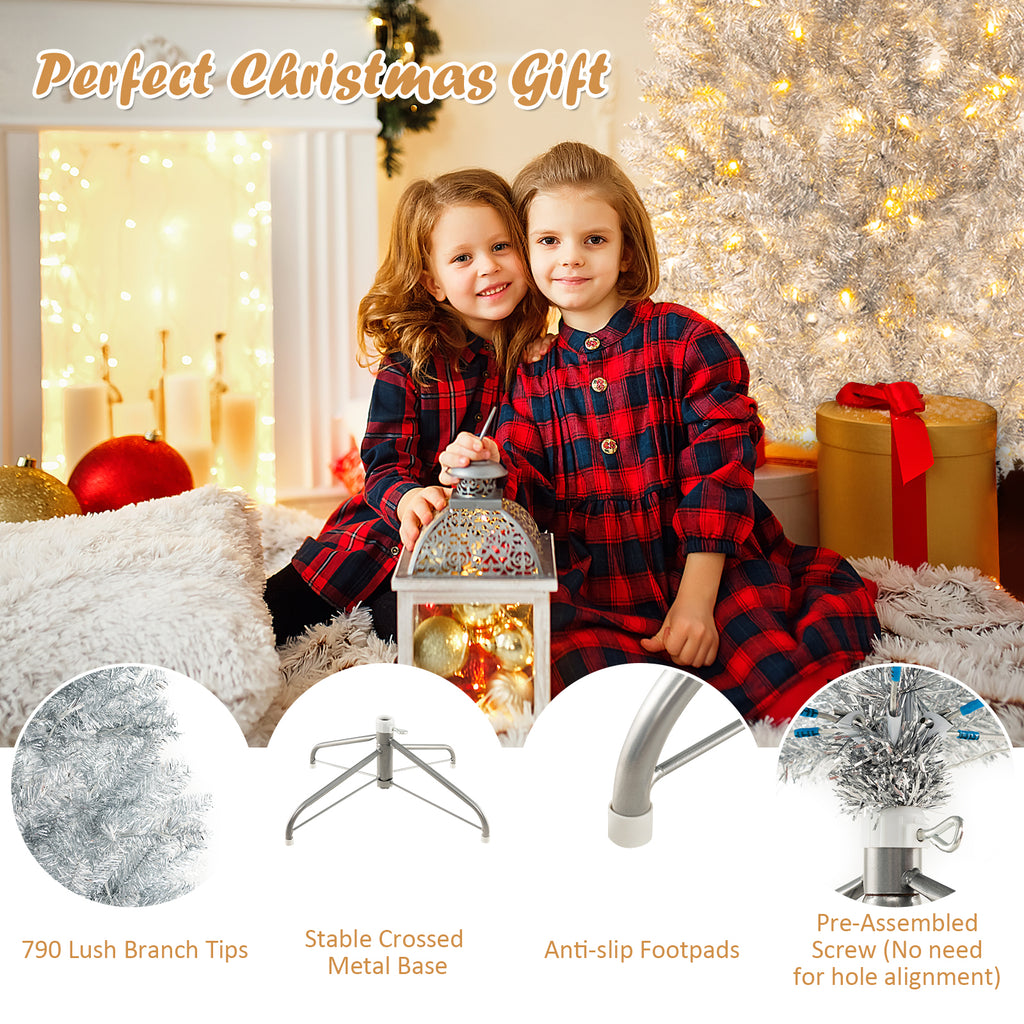 6/7 Feet Pre-Lit Artificial Silver Tinsel Xmas Tree with 790 Tips & 300 LED Lights - Variation of 6 ft