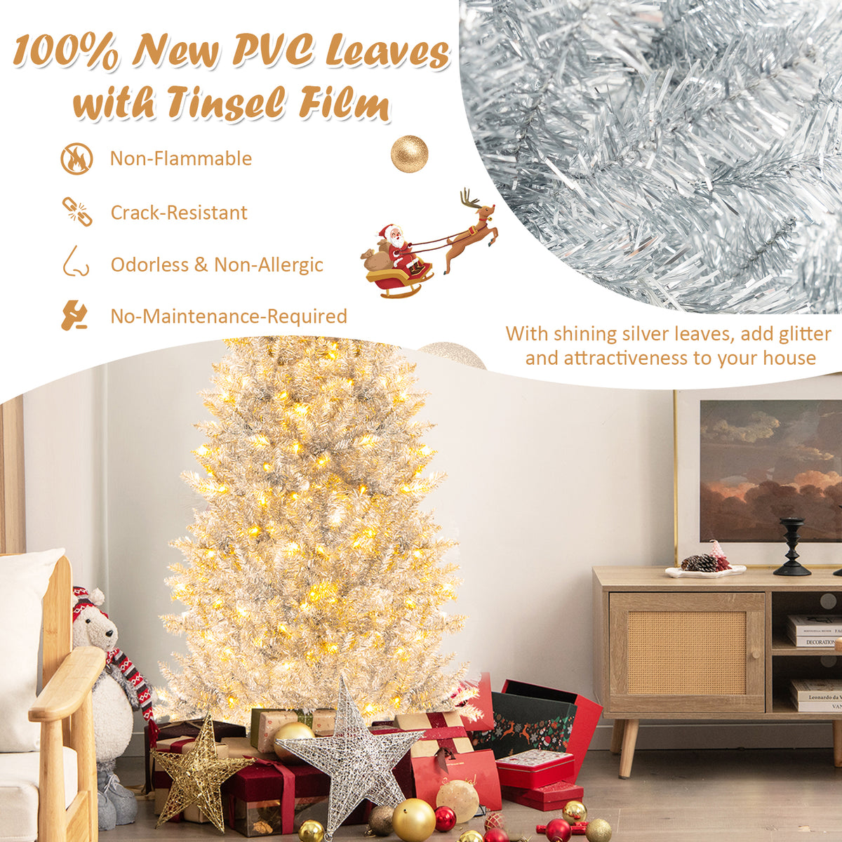 6/7 Feet Pre-Lit Artificial Silver Tinsel Xmas Tree with 790 Tips & 300 LED Lights - Variation of 6 ft