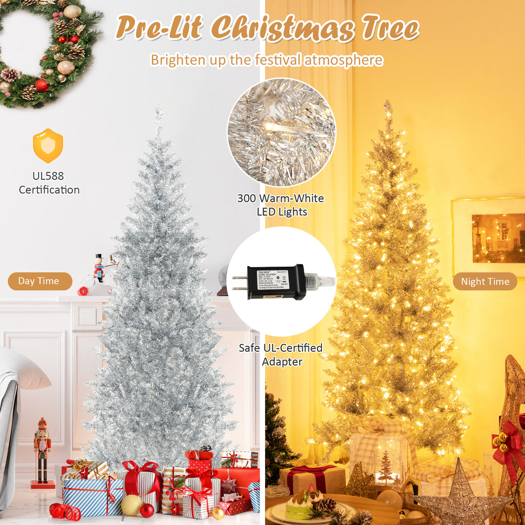 6/7 Feet Pre-Lit Artificial Silver Tinsel Xmas Tree with 790 Tips & 300 LED Lights - Variation of 6 ft
