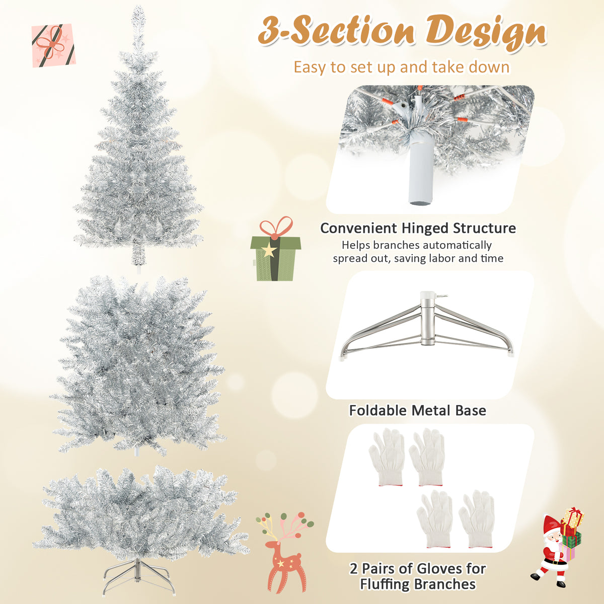 6/7 Feet Pre-Lit Artificial Silver Tinsel Xmas Tree with 790 Tips & 300 LED Lights - Variation of 6 ft