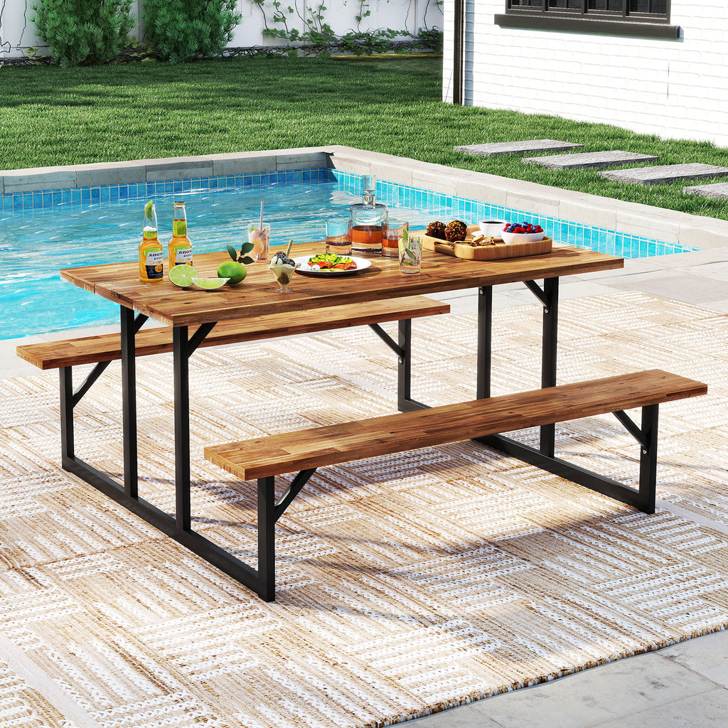 6-Person Acacia Wood Picnic Table with Benches - 63" x 27.5"