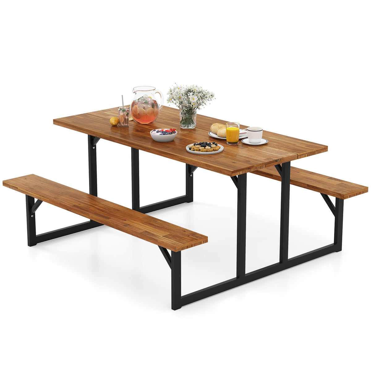 6-Person Acacia Wood Picnic Table with Benches - 63" x 27.5"