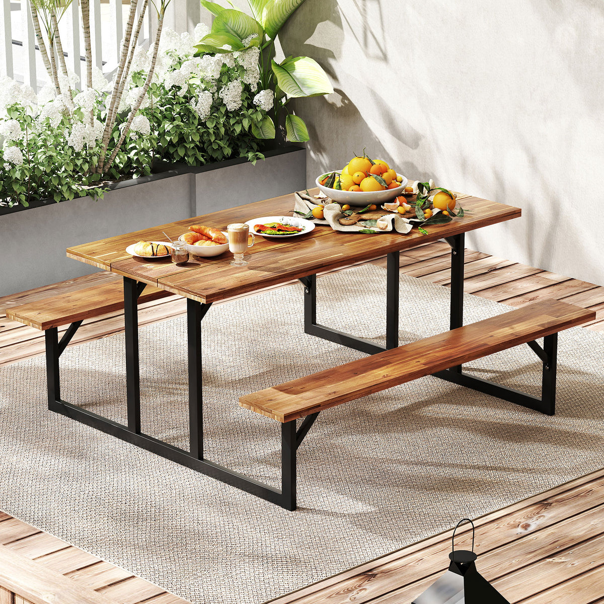 6-Person Acacia Wood Picnic Table with Benches - 63" x 27.5"