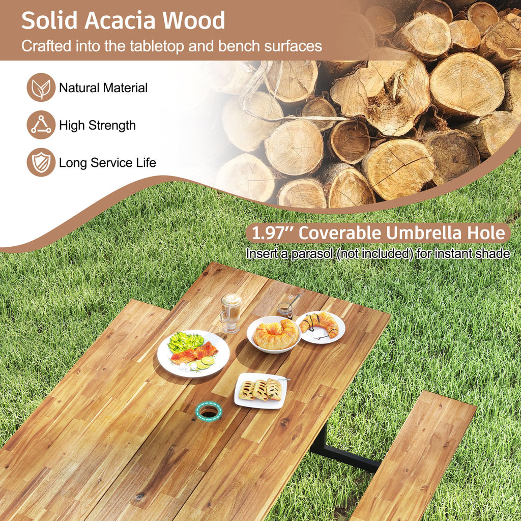 6-Person Acacia Wood Picnic Table with Benches - 63" x 27.5"