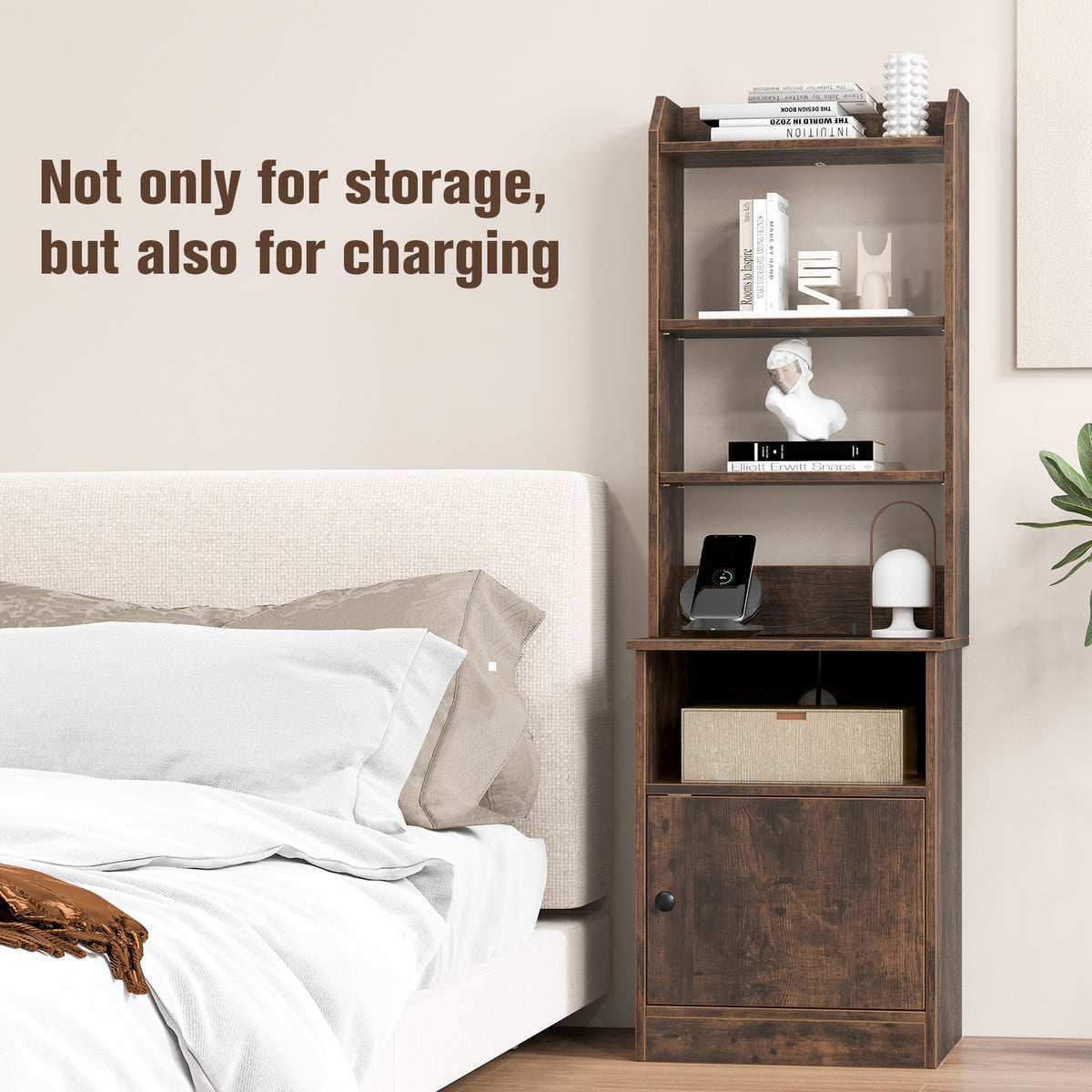 6-Tier Bookshelf Nightstand with Charging Station and Cabinet