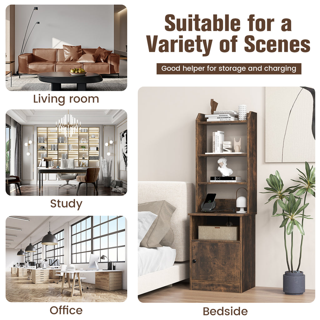 6-Tier Bookshelf Nightstand with Charging Station and Cabinet